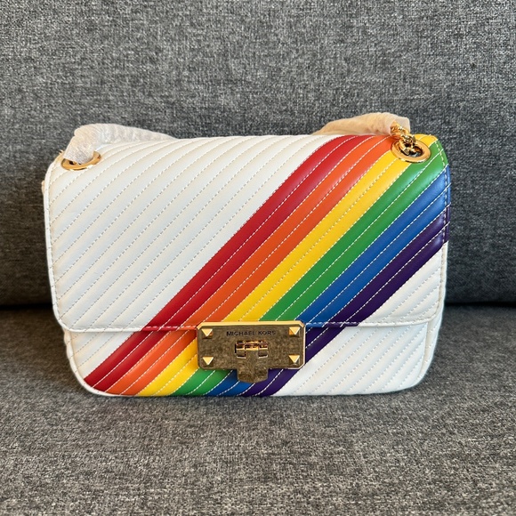NWT! Michael Kors Crossbody Shoulder Rainbow Bag Peyton Flap Chain Strap Quilted - Picture 1 of 8